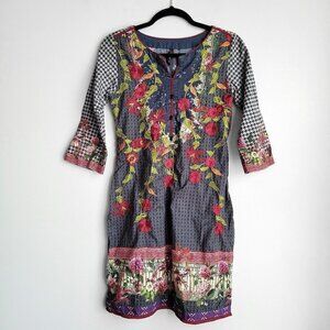 Ethnic By Outfitters Floral Printed & Embroidered Houndstooth Boho Tunic Kurta